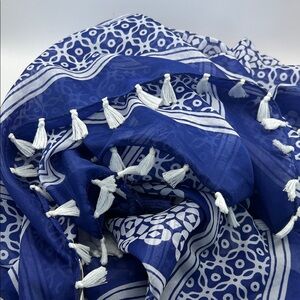 Chico's Blue and White Scarf with Tassels